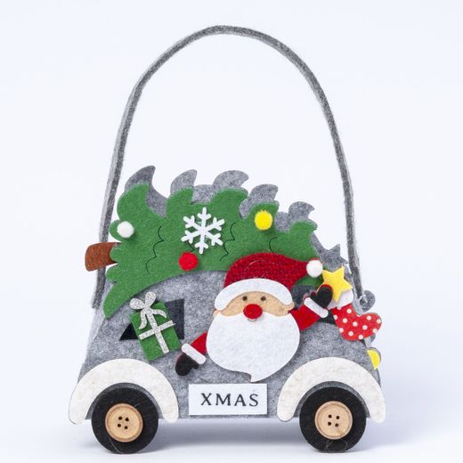 Cesto fieltro gris Papa Noel en coche 20cm.
