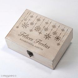 Cofre madera Felices Fiestas copos 23x17cm personalizable