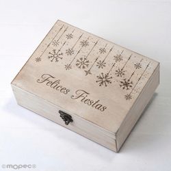 Cofre madera Felices Fiestas copos 23x17cm personalizable