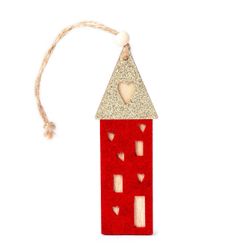 Colgante madera 13cm. casa fieltro roja y tejado oro, min.6