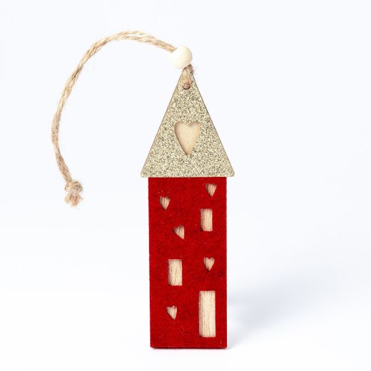 Colgante madera 13cm. casa fieltro roja y tejado oro, min.6