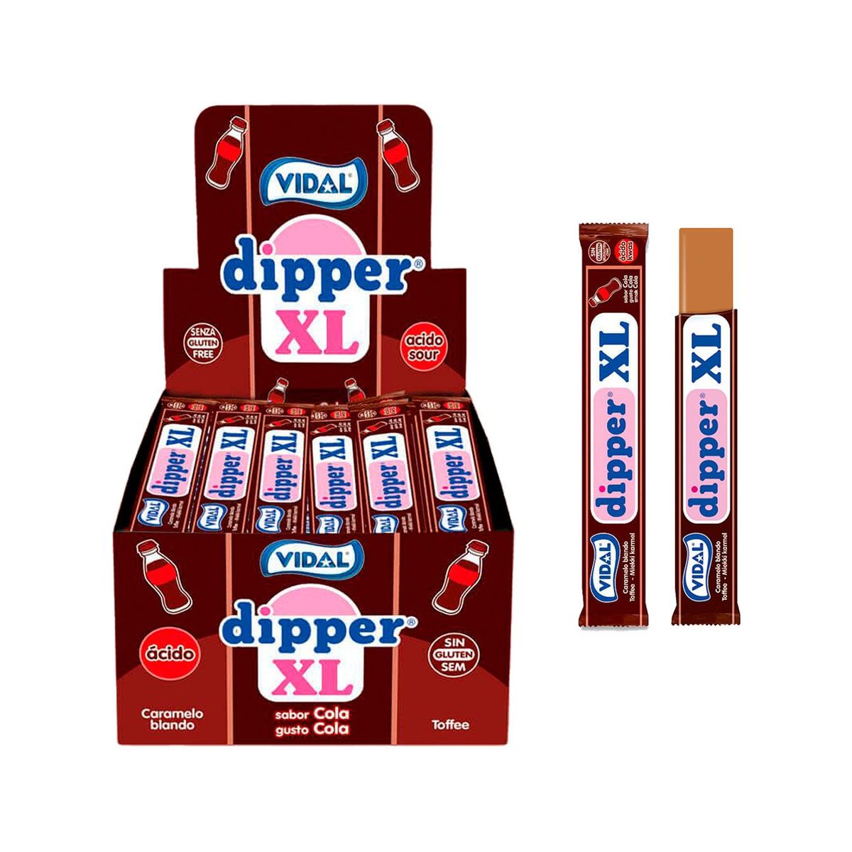 Dipper XL Cola de Vidal. Caramelo masticable sabor cola pintalenguas 100 unidades
