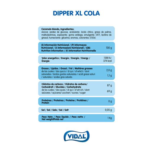 Dipper XL Cola di Vidal. Caramella gommosa al gusto di cola che si colora la lingua.