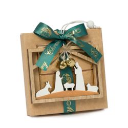Estuche 4 napolitanas siluetas Pesebre madera con cascabel