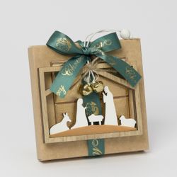 Estuche 4 napolitanas siluetas Pesebre madera con cascabel