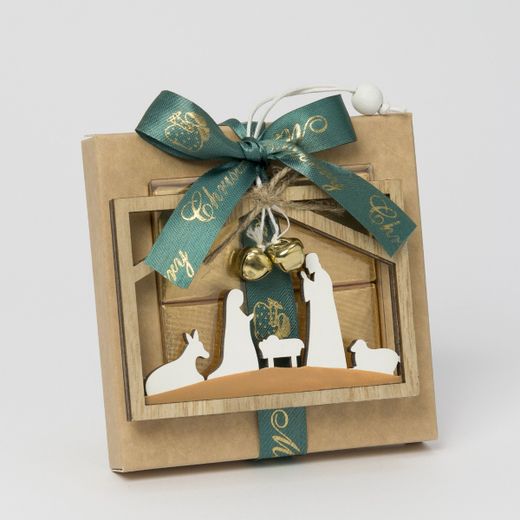 Estuche 4 napolitanas siluetas Pesebre madera con cascabel