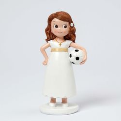 Figura pastel Comunión niña con pelota fútbol (13cm) de Mopec