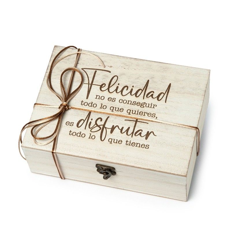 Pack regalo cofre madera mensaje Felicidad 23x17 cm.