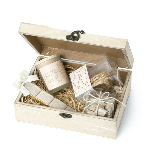 Pack regalo cofre madera mensaje Felicidad 23x17 cm.