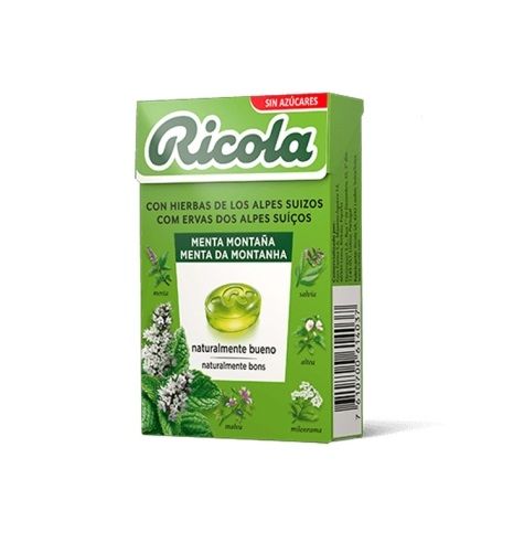 Ricola – Bergminze, Bonbons, Erfrischt und beruhigt Hals und Atemwege, Mit Minzextrakt, 13 Schweizer Kräutern und ätherischen Ölen, Zuckerfrei, Mit Süssungsmittel - Box 50 g