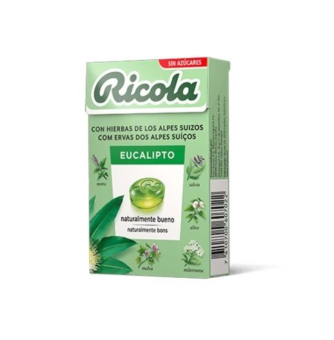 Ricola - Caramelos Duros, Refresca y Alivia la Garganta y las Vías Respiratorias, con Aceites Esenciales de Menta y Eucalipto, 13 Hierbas Suizas, Sin Azúcar, con Edulcorante - Caja 50 gramos