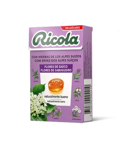 Ricola – Flor de Saúco, Caramelos Duros, Refresca y Alivia la Garganta y las Vías Respiratorias, con Flor de Saúco, 13 Hierbas Suizas y Aceites Esenciales, Sin Azúcar, con Edulcorante - Caja 50 g 10 unidades