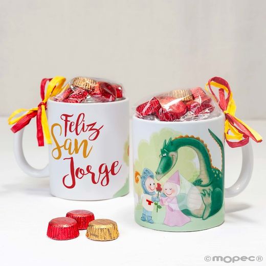 Taza de cerámica San Jorge con 6 bombones en caja regalo